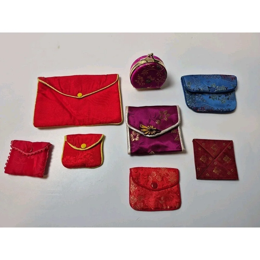 Lot of 8 Asian Silk Brocade Jewelry Pouches & Coin Purses Mixed Colors & Styles